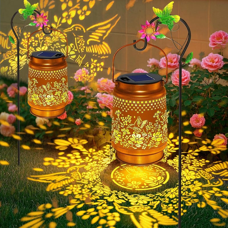 SANDECO 2 Pack Solar Lanterns Outdoor Hummingbird Garden Decor, Gifts for Mom Women Grandma Birthday, Waterproof Metal Hanging Solar Lights with Shepherd Hook LED Decorative Outside for Yard Patio Lawn Porch - Image 1